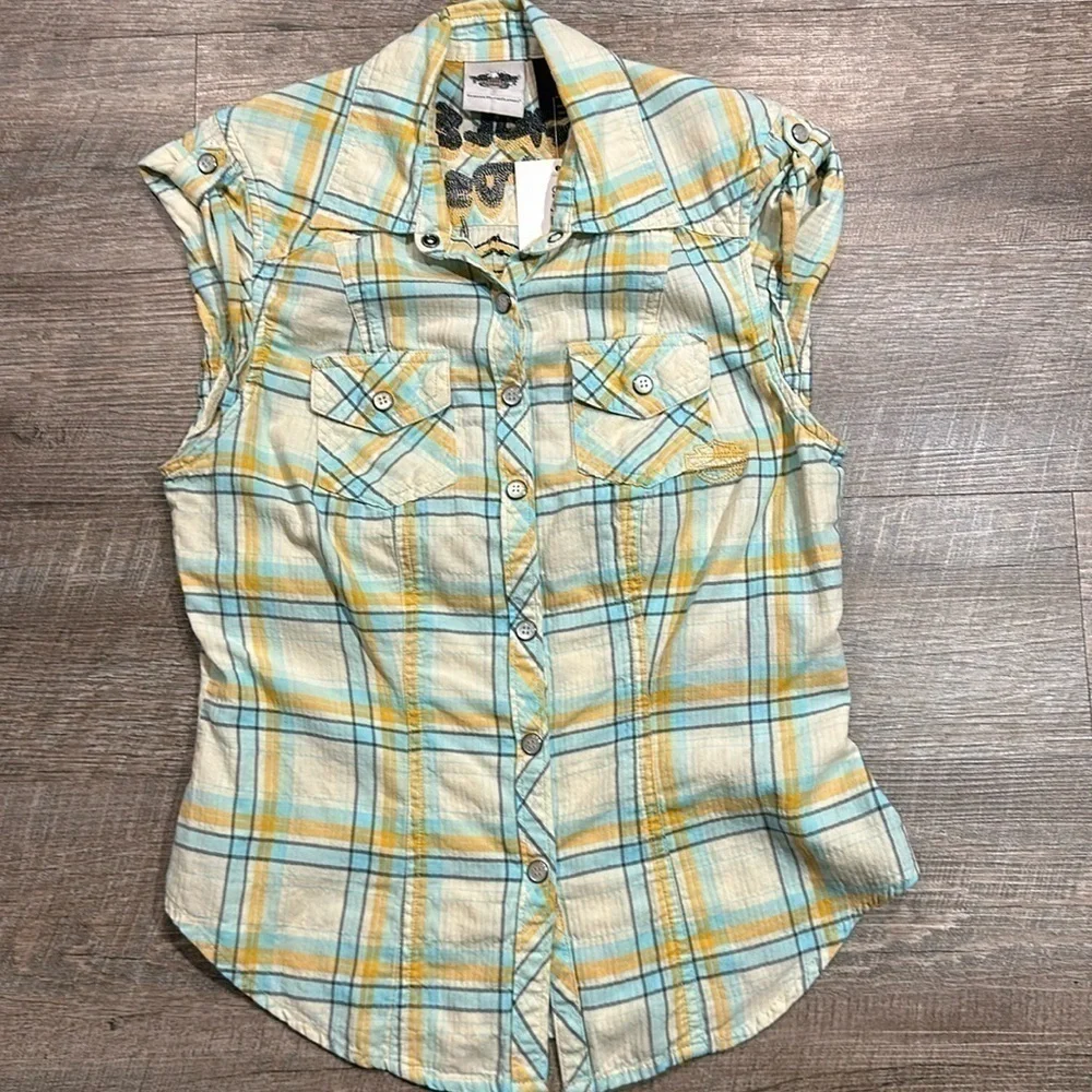 Harley Davidson capped sleeve white/blue/orange plaid embroidered logo top XS - Picture 3 of 13